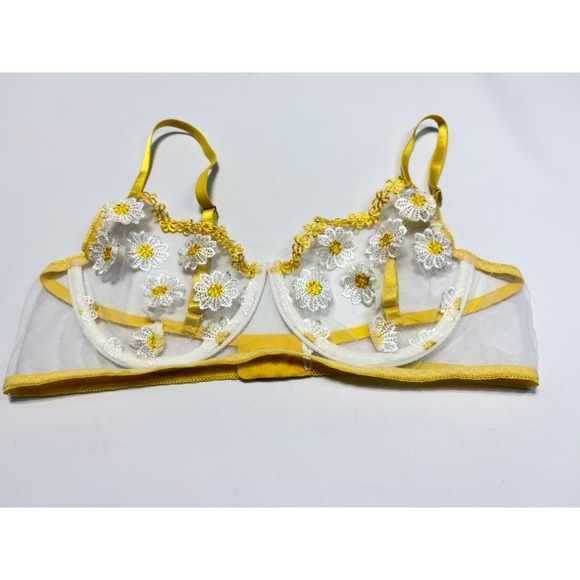 Moxy Daisy Embroidered Mesh Bra Yellow White Sheer Floral SMALL - Picture 4 of 10